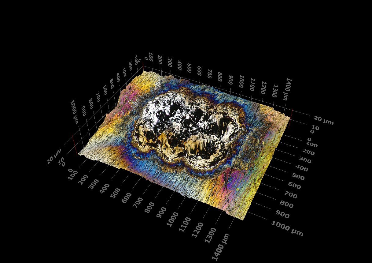 3D topographic reconstruction of the same LIBS burn on gray iron at 233x