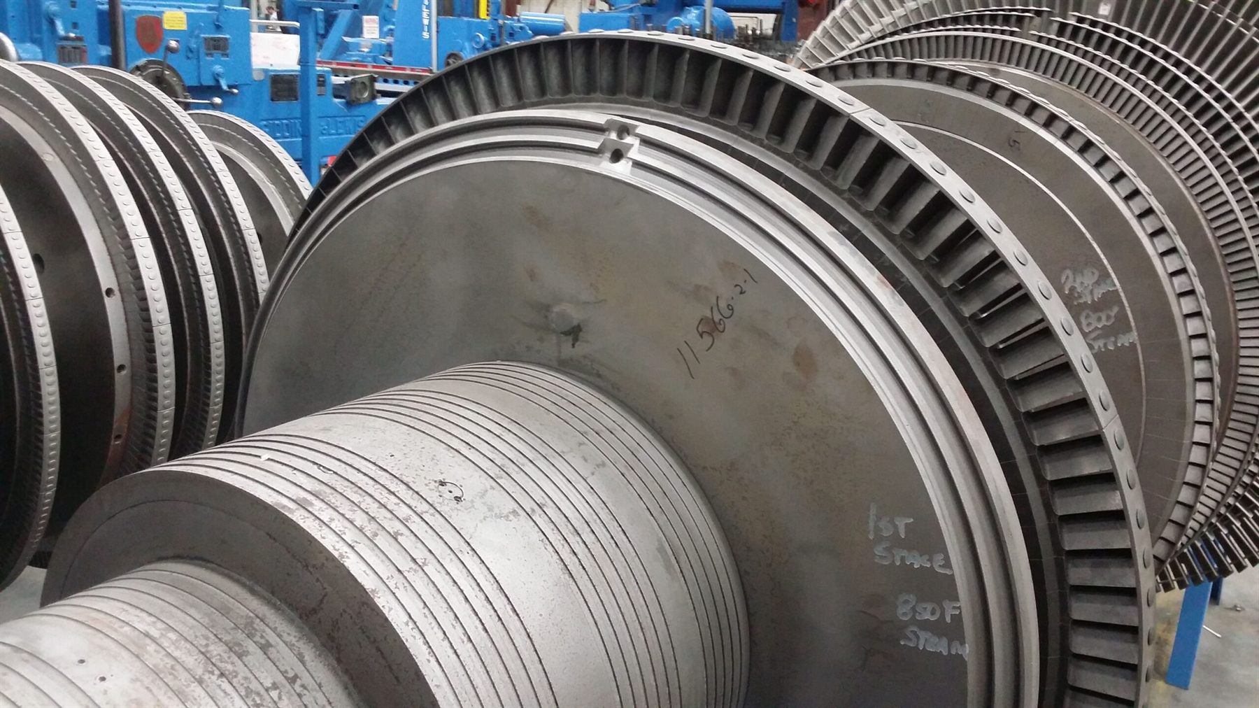 Steam turbine rotor stages staged for metallurgical inspection